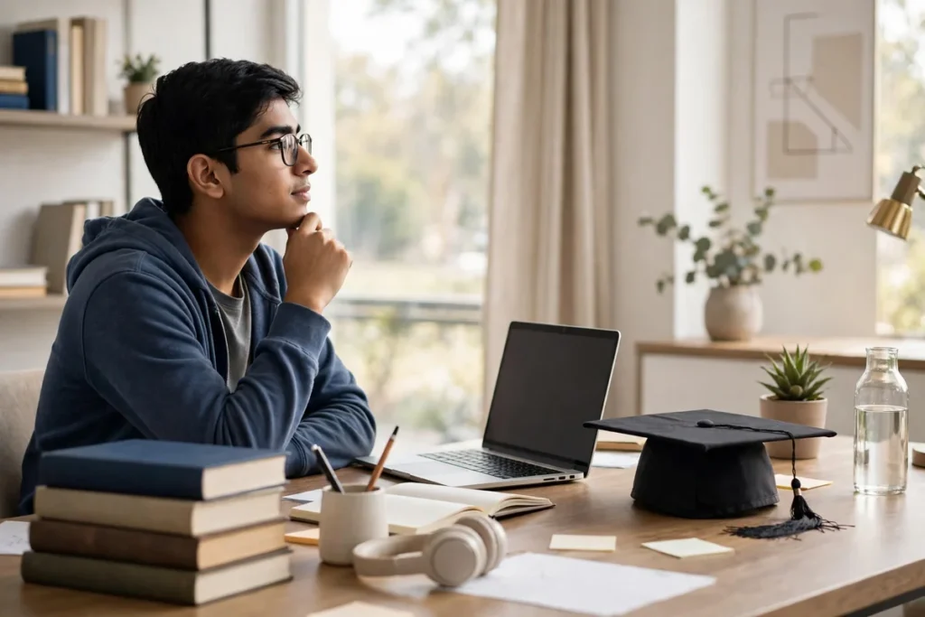 Student thinking about career choices after Class 12 with books and laptop