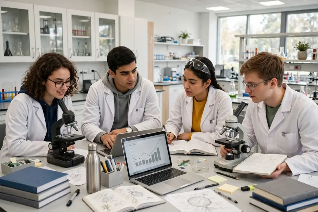 Students in a science laboratory with microscopes, books and laptop