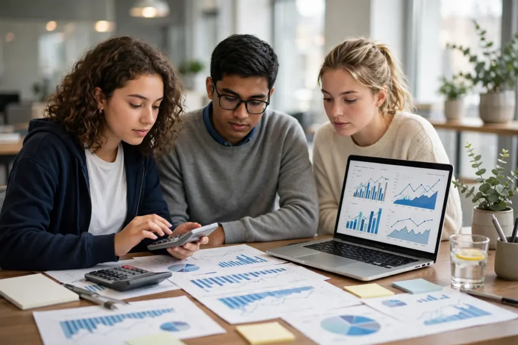 Students with calculator, finance charts, business documents and laptop