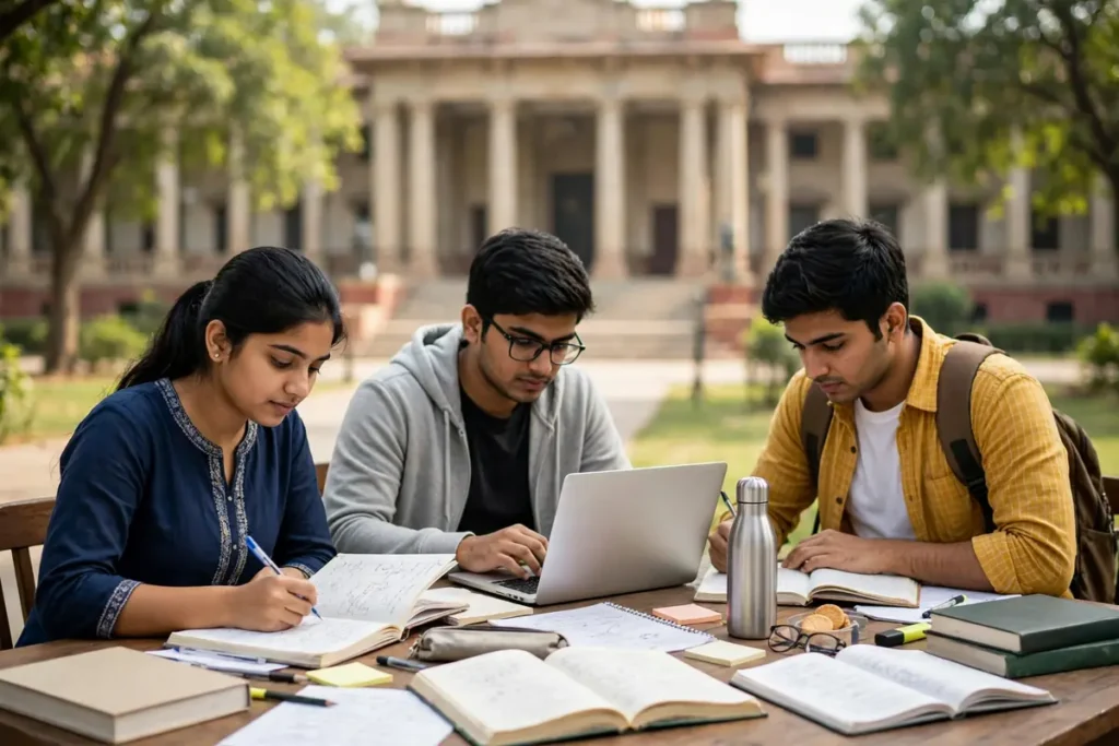 Students studying for government exams with books and laptop
